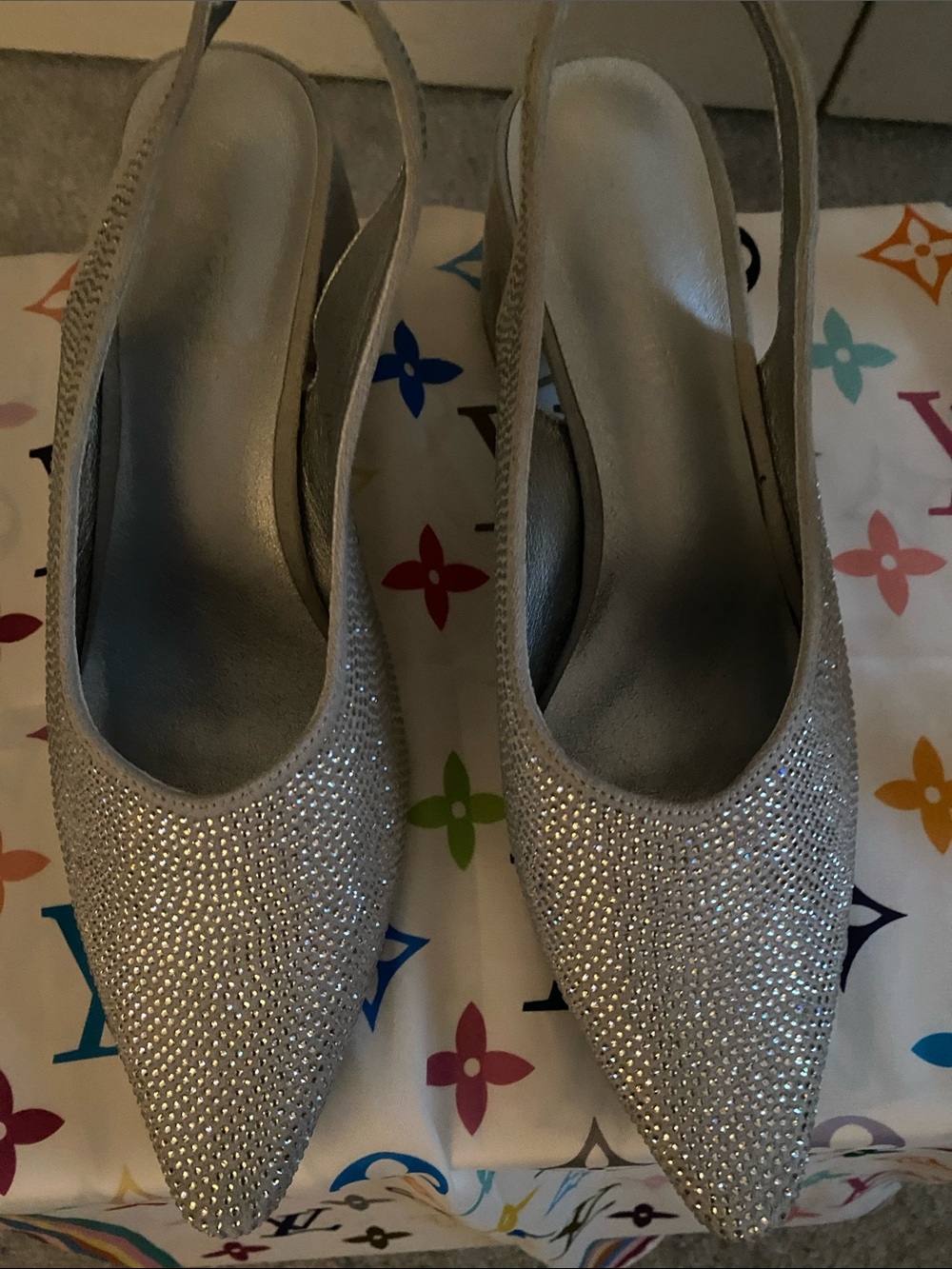 Crystal-Embellished Pointed Slingback Heels in Silver SPR&JOY